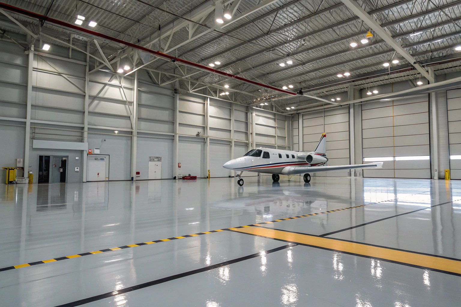 Aircraft hangar interior with a pristine grey epoxy floor