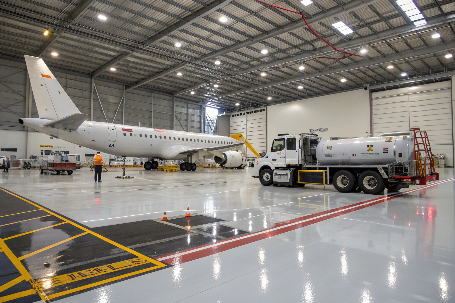 Large commercial aircraft hangar with a heavy jet positioned on the epoxy floor