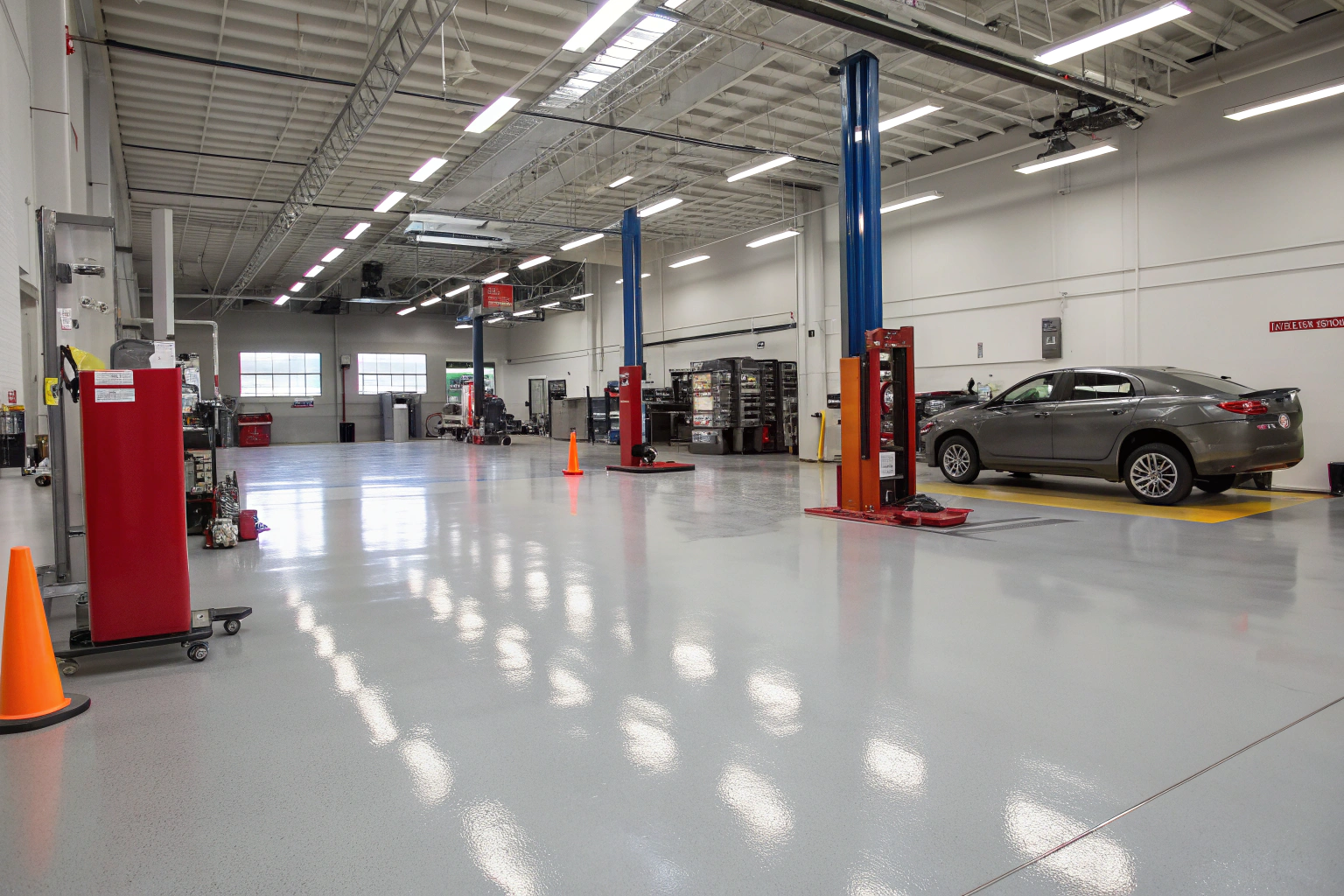 Automotive workshop interior with a pristine grey epoxy floor