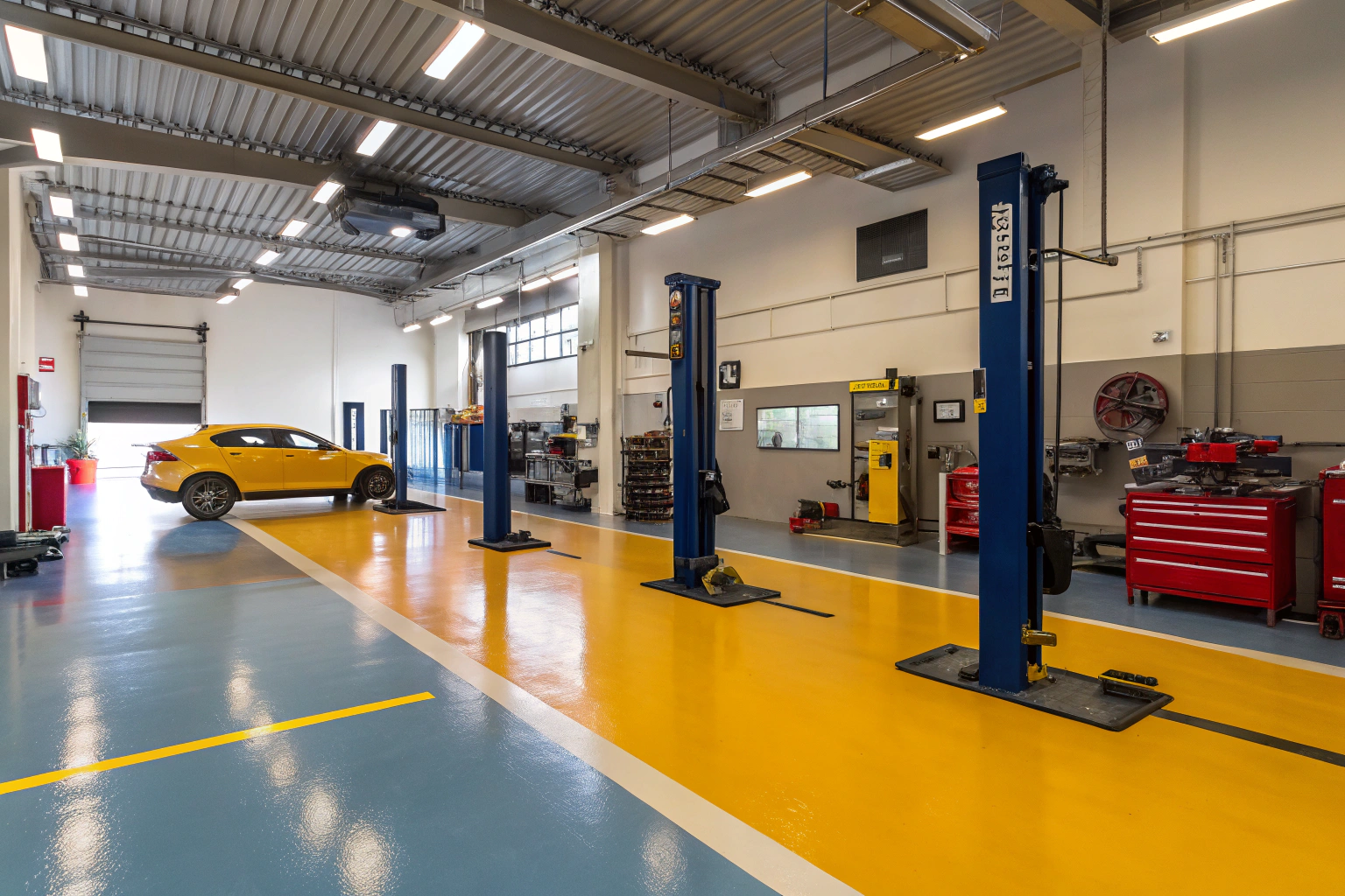 Automotive workshop interior with heavy-duty epoxy flooring