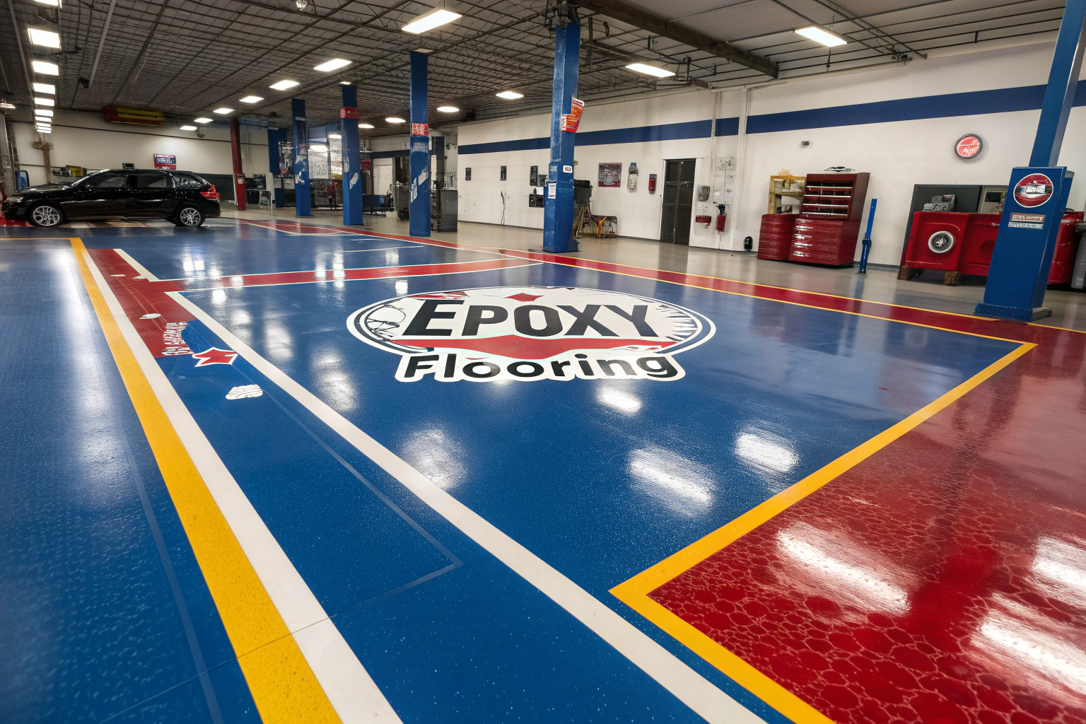 Automotive workshop with a custom branded epoxy floor design