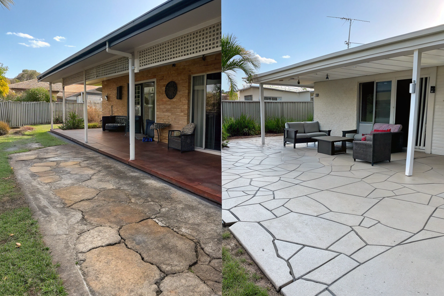 Before-and-after comparison of a Brisbane home patio epoxy coating