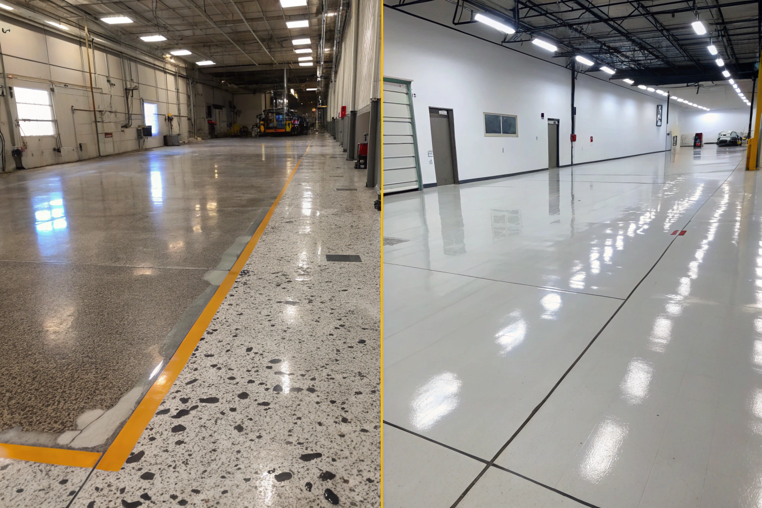 Before-and-after comparison of a damaged epoxy floor repair