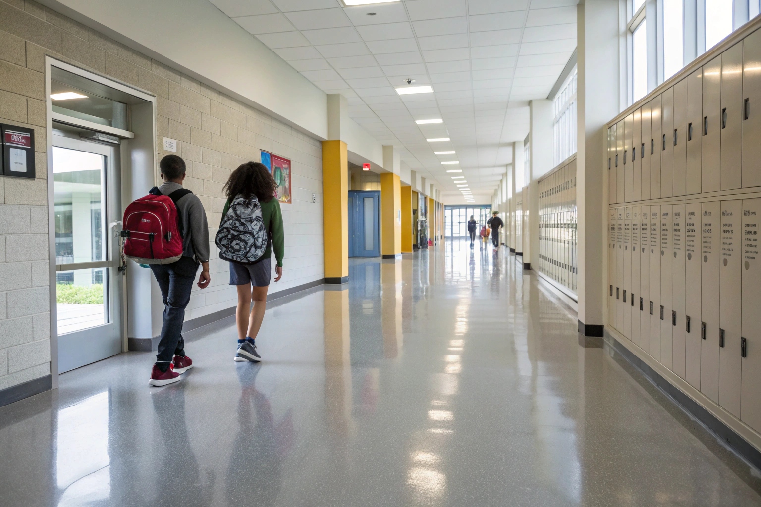 Educational institution epoxy flooring in Brisbane school corridor with students