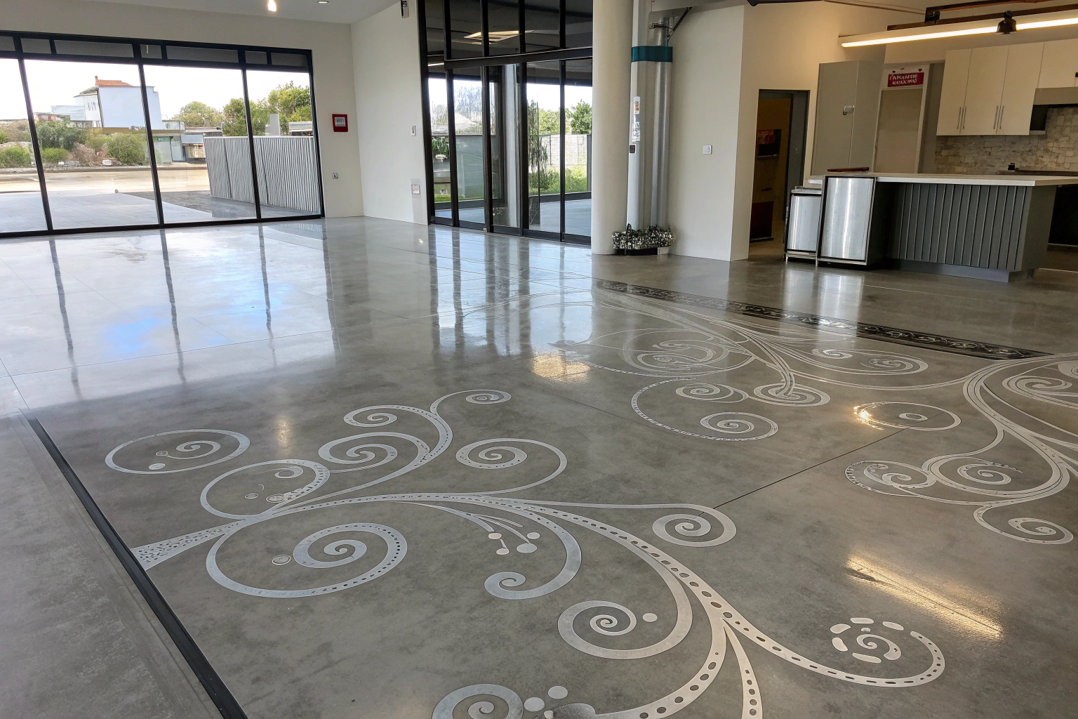 Clean metallic epoxy floor with subtle pewter and silver tones