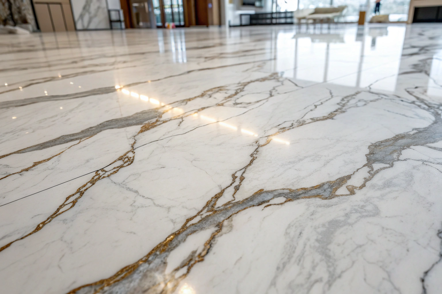 Close-up detailed view of a luxury marble-effect epoxy floor