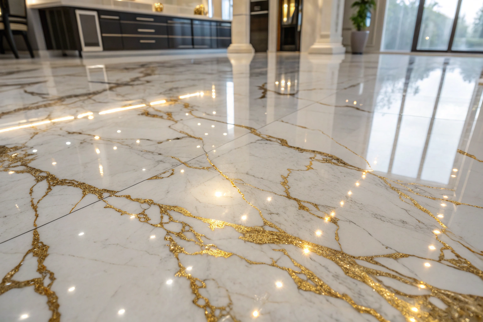 Macro close-up of a luxury marble-effect epoxy floor finish