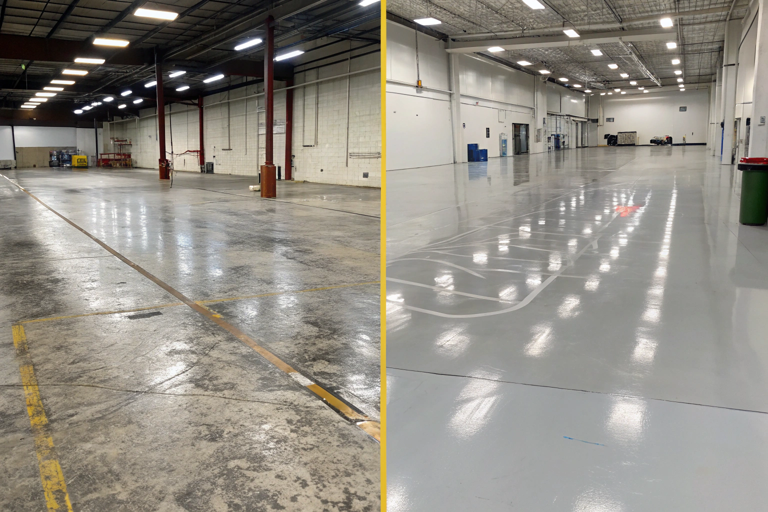 Commercial epoxy floor showing clear signs of wear