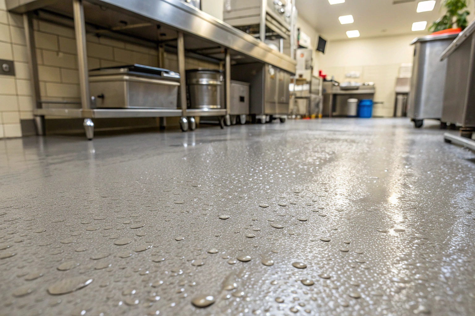 Close-up of a commercial kitchen floor showing a textured non-slip epoxy finish