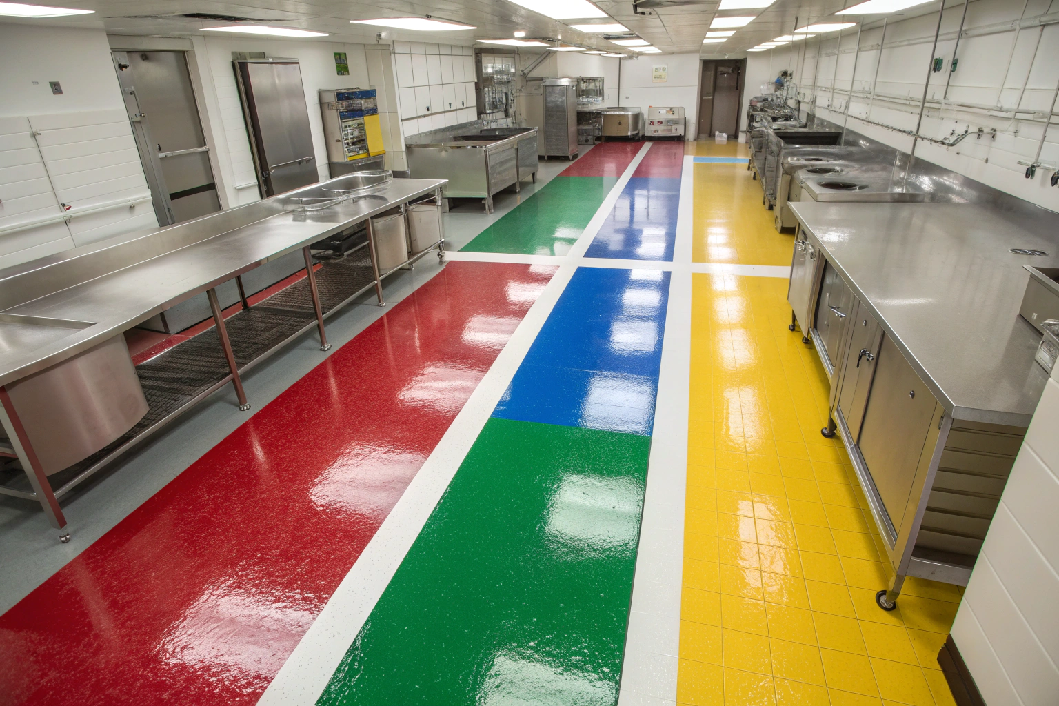 Commercial kitchen floor with colour-coded epoxy zoning
