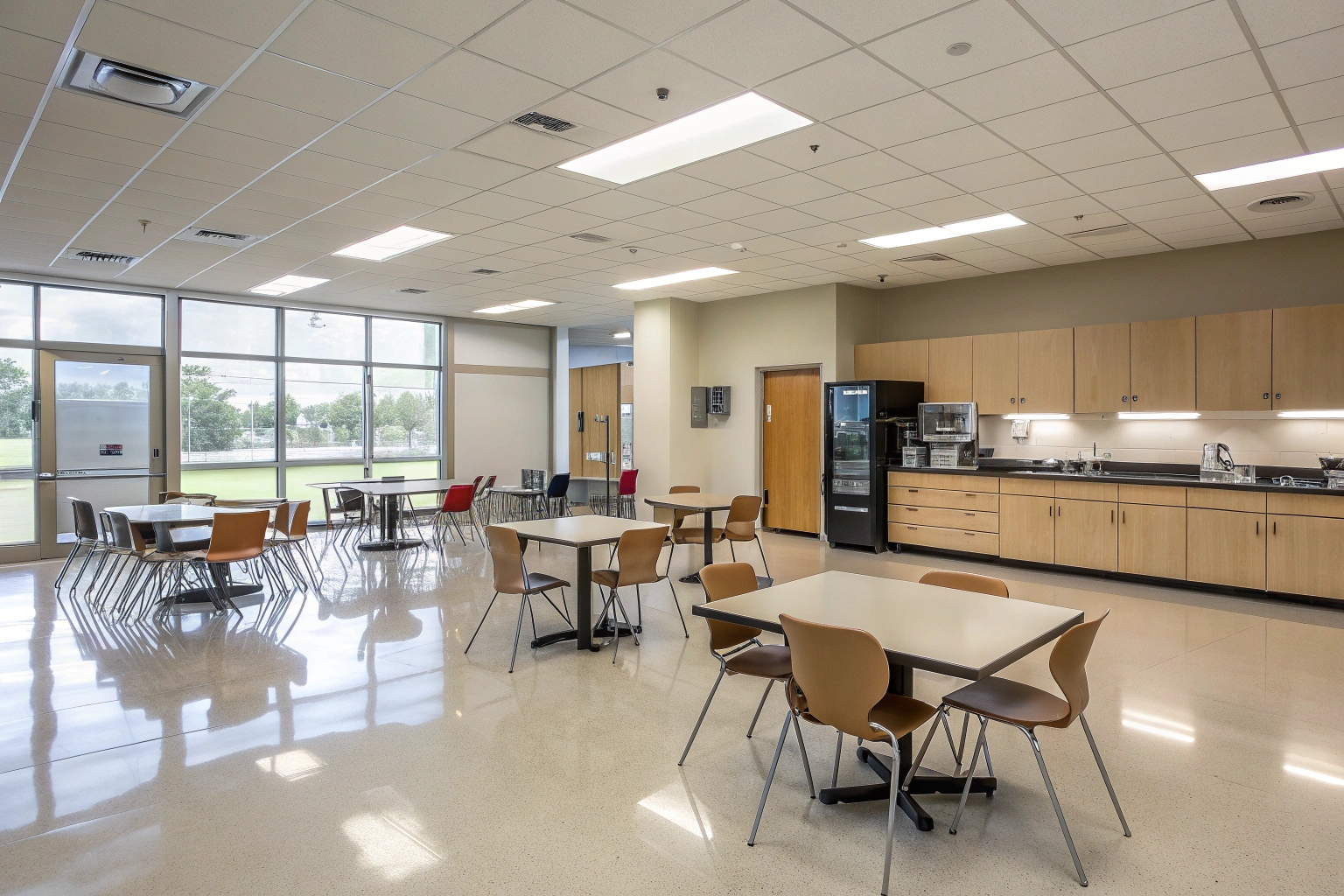 Office break room with easy-clean epoxy flooring Brisbane workplace
