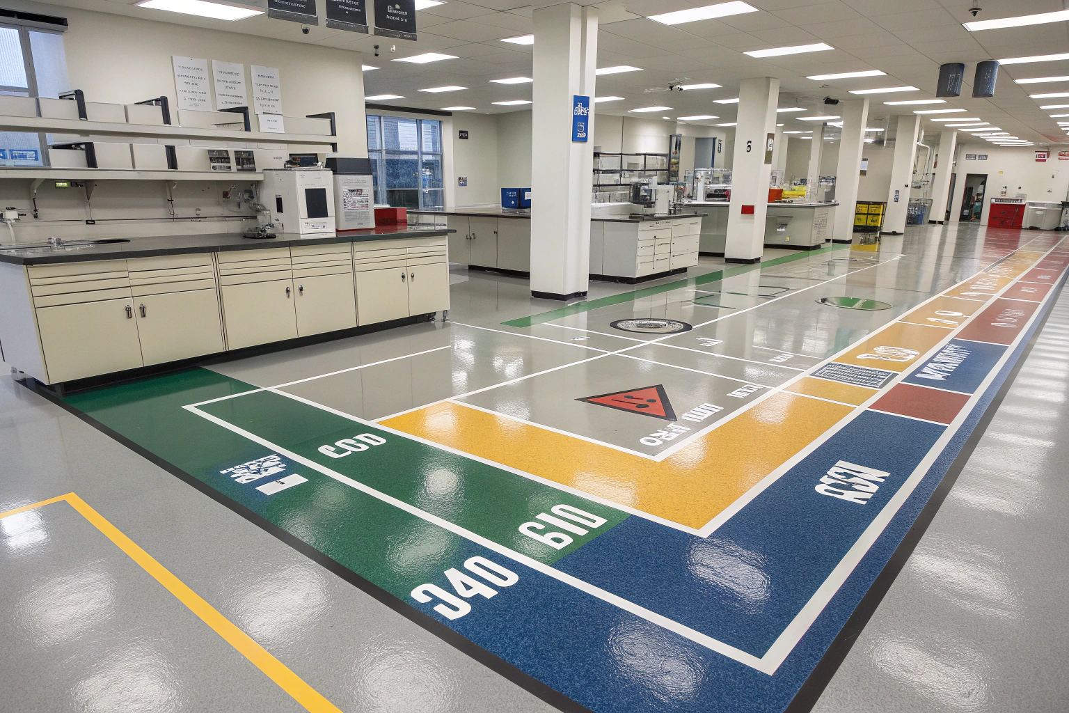 Custom industrial epoxy flooring design with specialised markings
