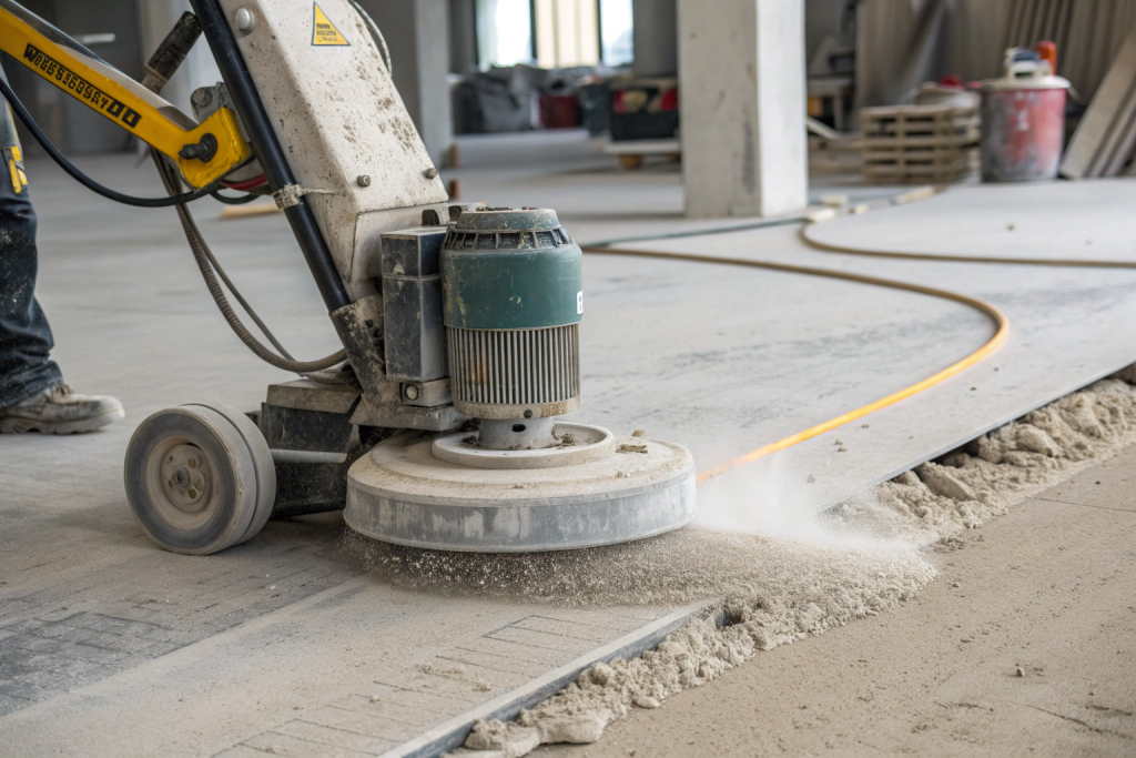 Diamond grinding machine creating a precise concrete surface profile