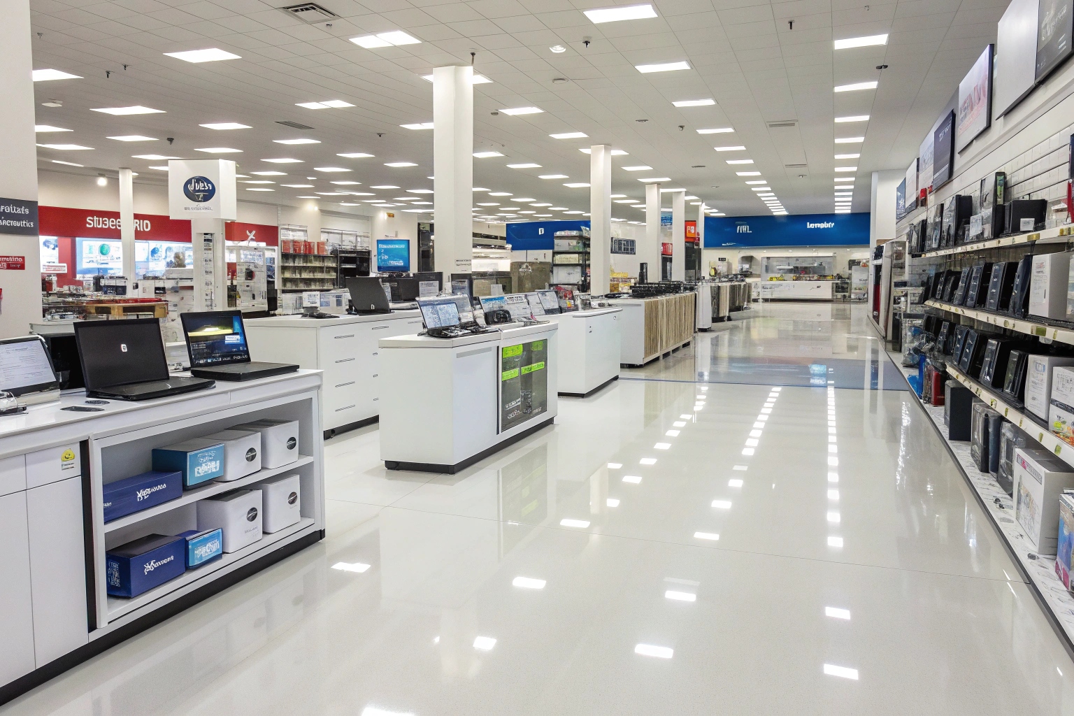 Modern electronics retail store with professional epoxy flooring providing clean, anti-static surface for technology displays