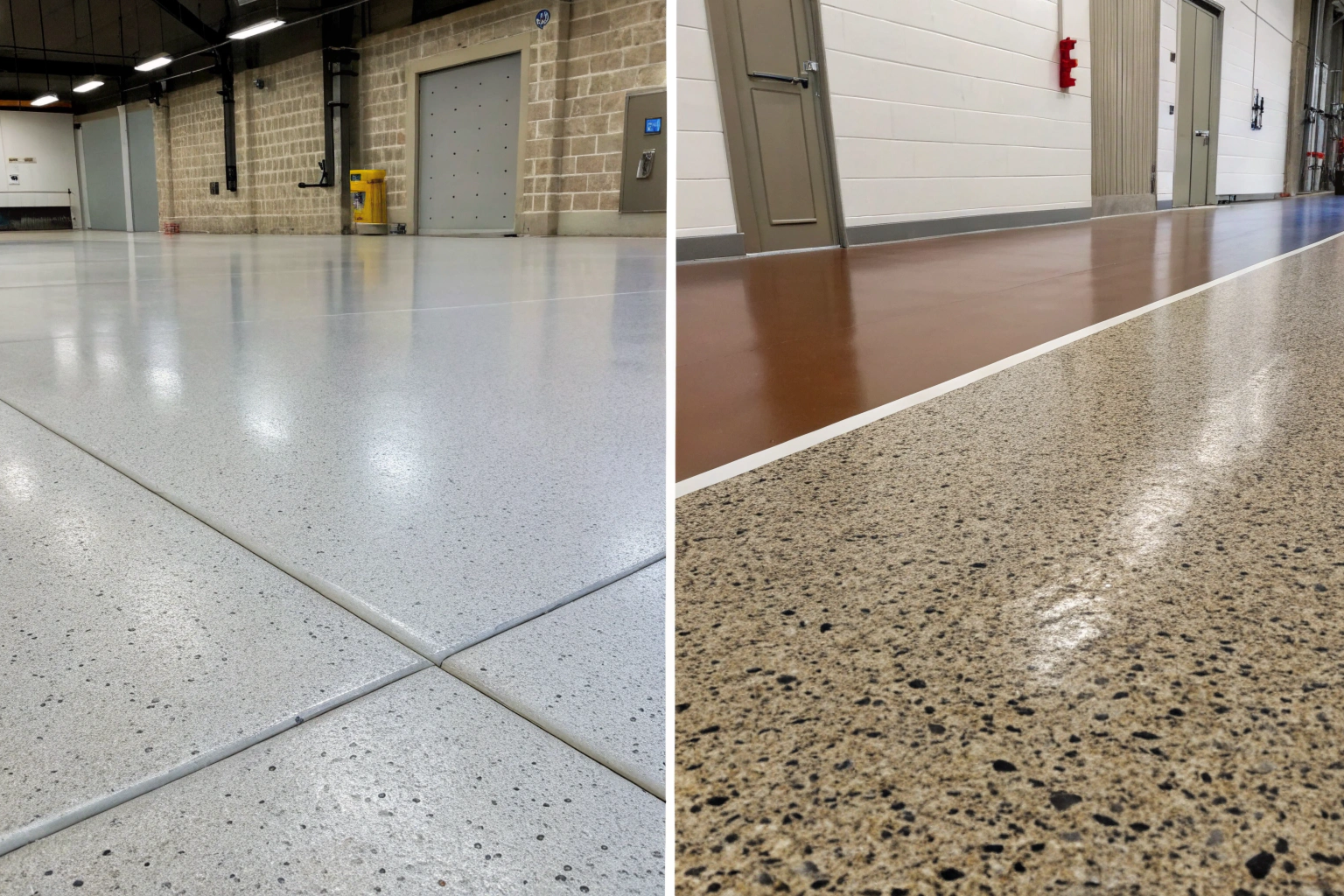 Four side-by-side epoxy flooring colour and finish samples