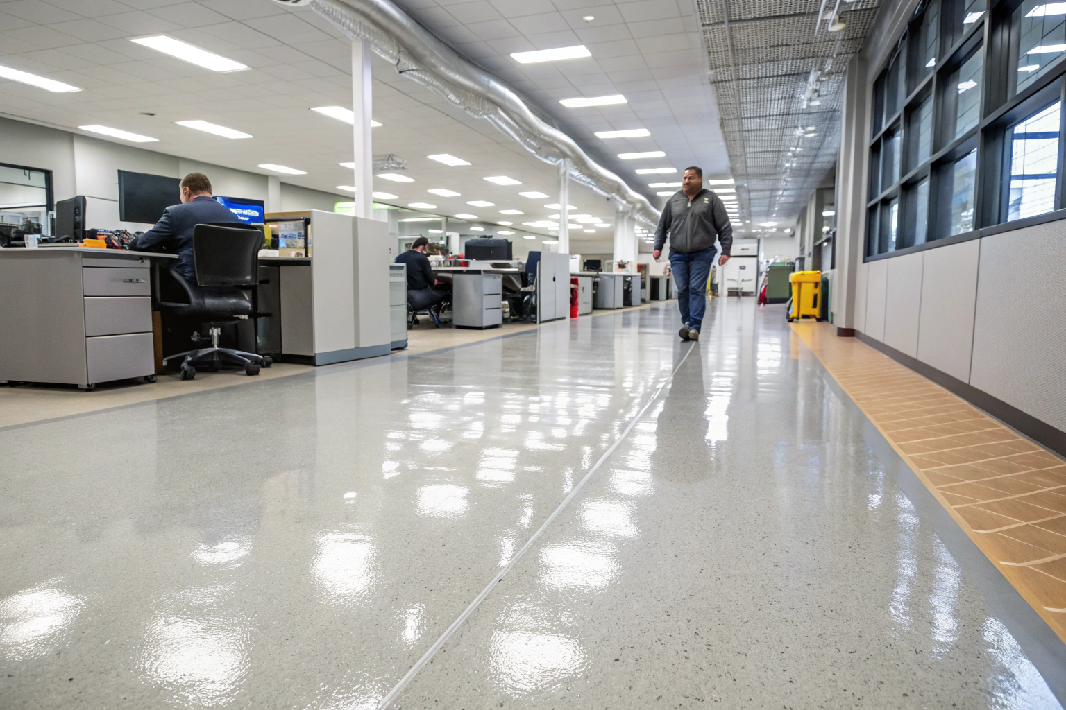Heavy-duty commercial epoxy flooring in a busy office environment