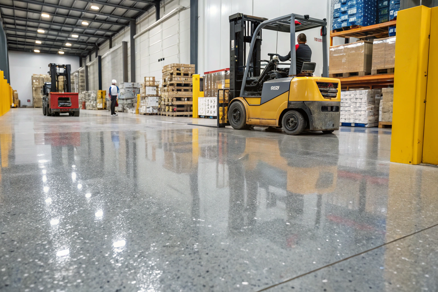 Heavy-duty warehouse environment showing flake epoxy flooring