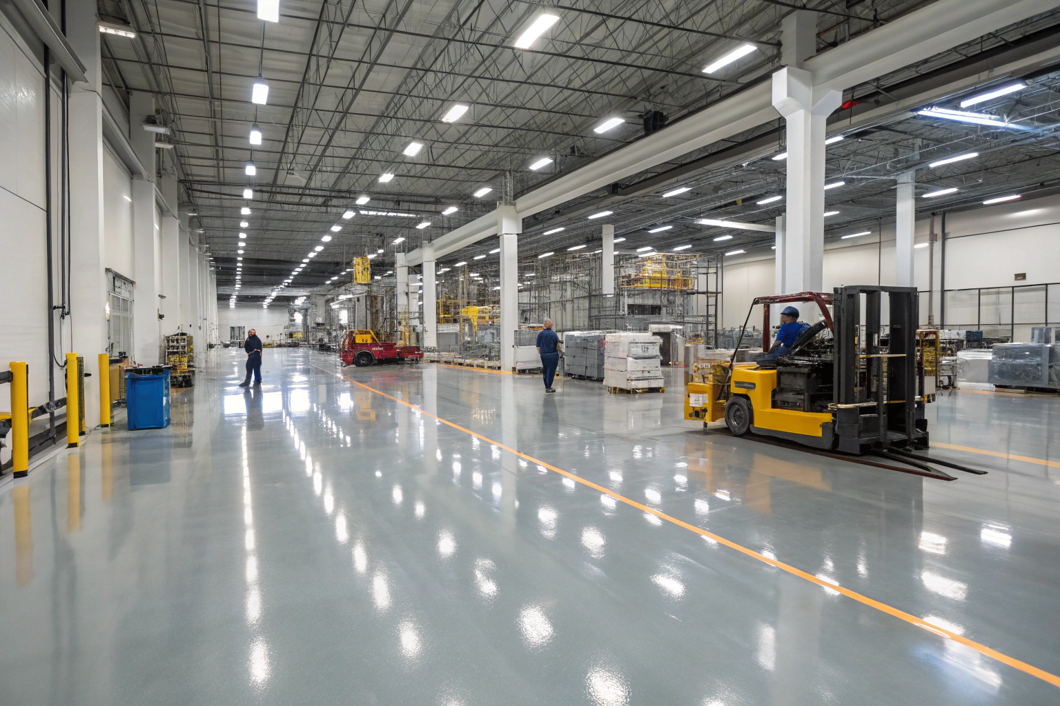 Forklift operating on a polished grey industrial epoxy floor in a large warehouse facility