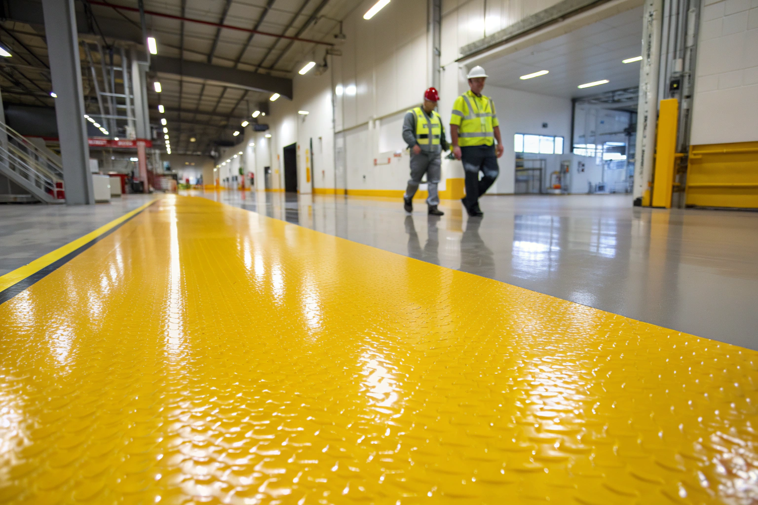 Textured yellow non-slip epoxy safety coating on an industrial warehouse floor with workers in high-visibility gear