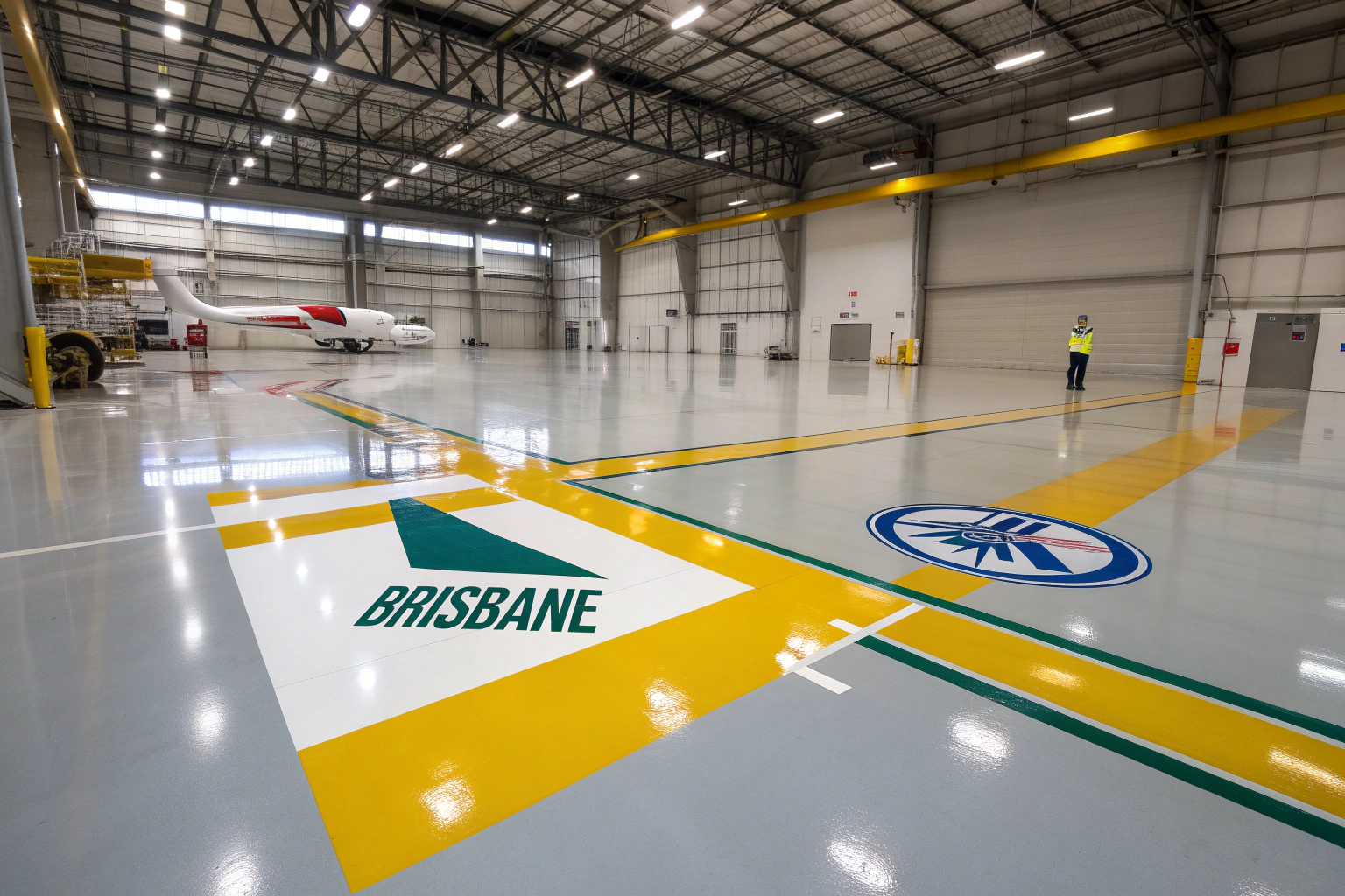Aircraft hangar with decorative epoxy flooring featuring safety markings