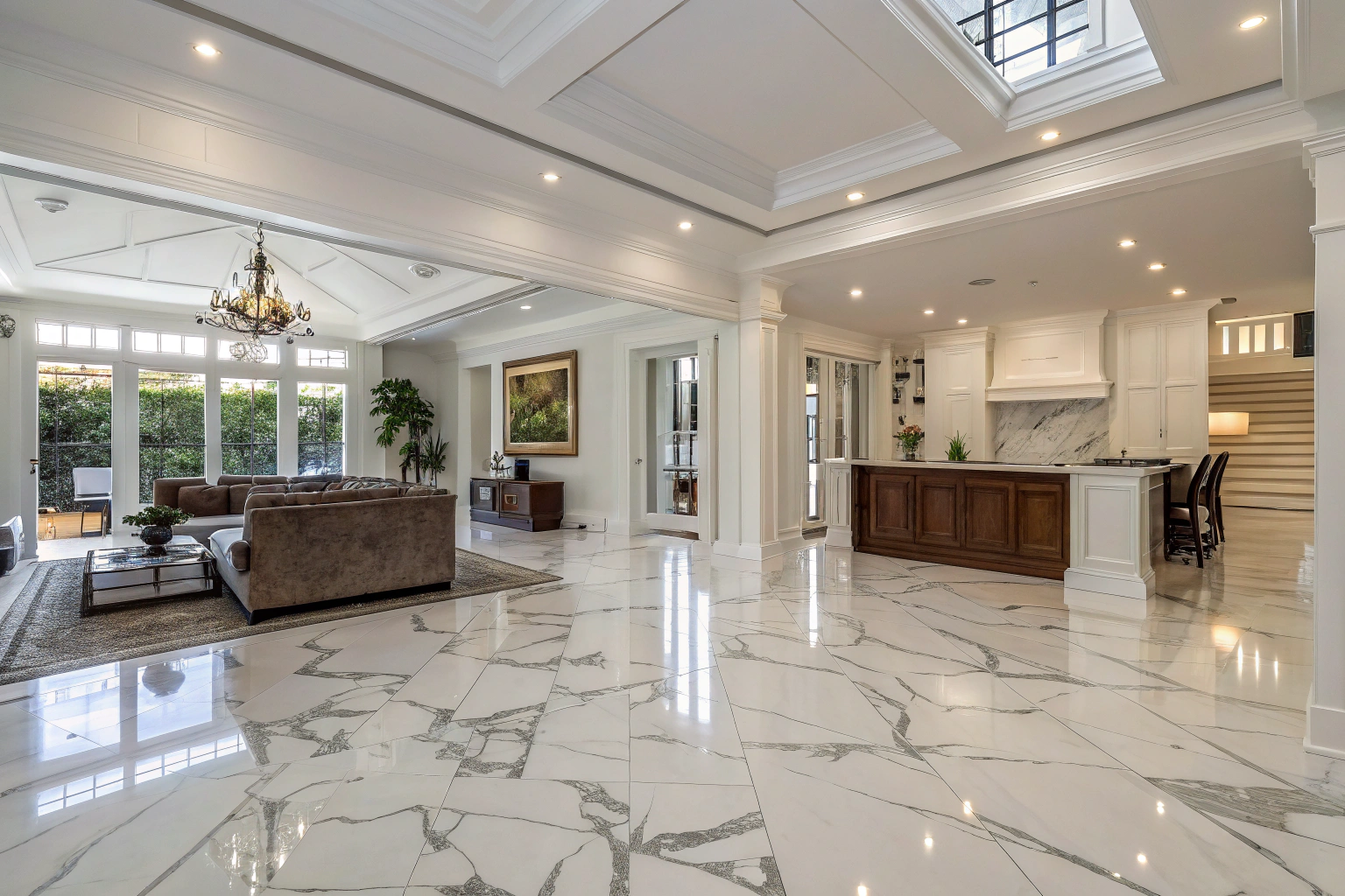 Luxury Brisbane residential interior showcasing marble-effect epoxy flooring