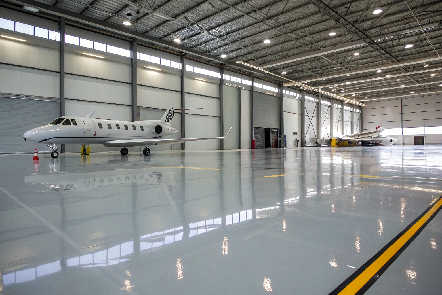 Modern aircraft hangar interior with a pristine grey epoxy floor