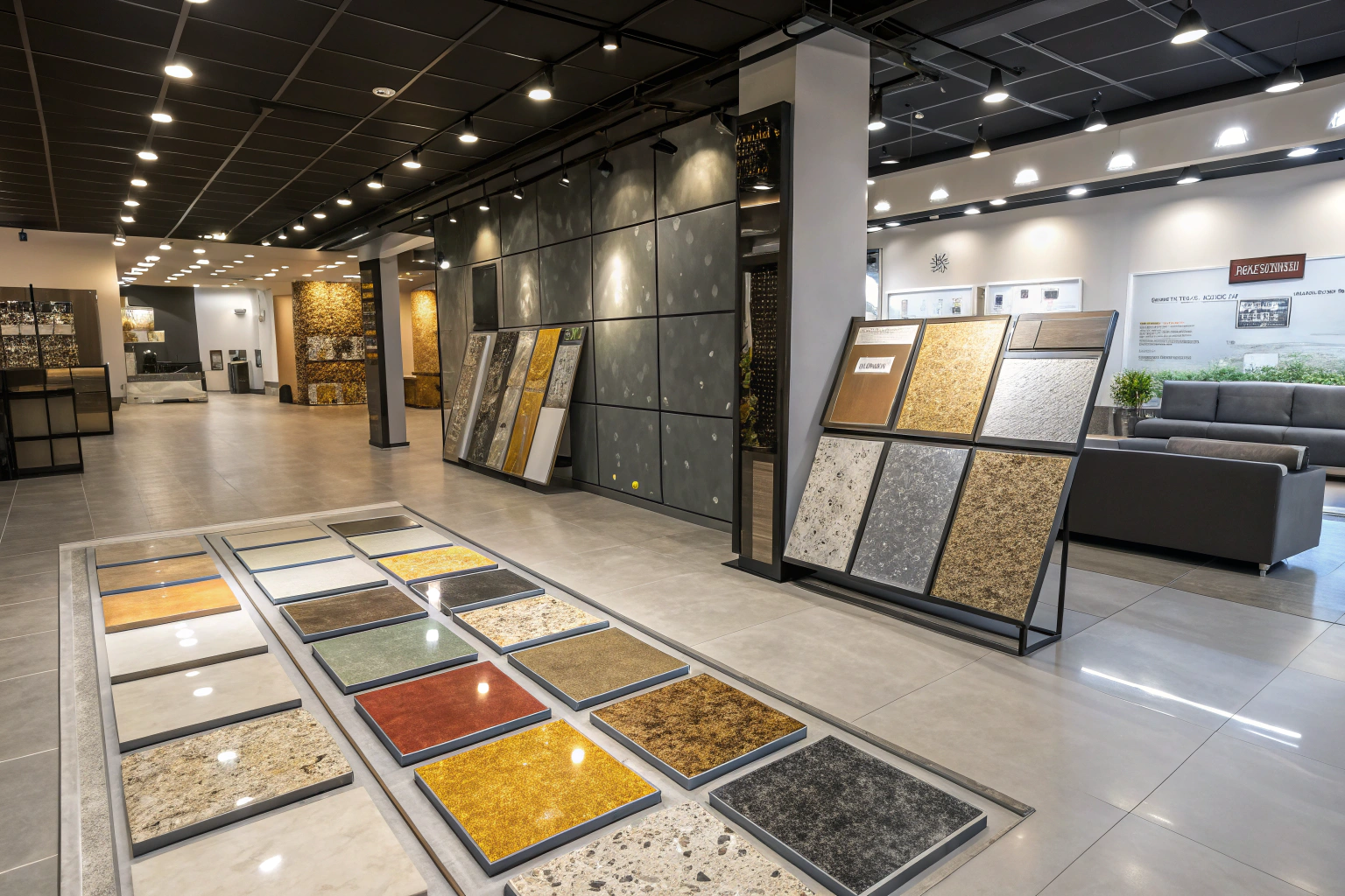 Modern commercial showroom displaying various quartz epoxy finishes