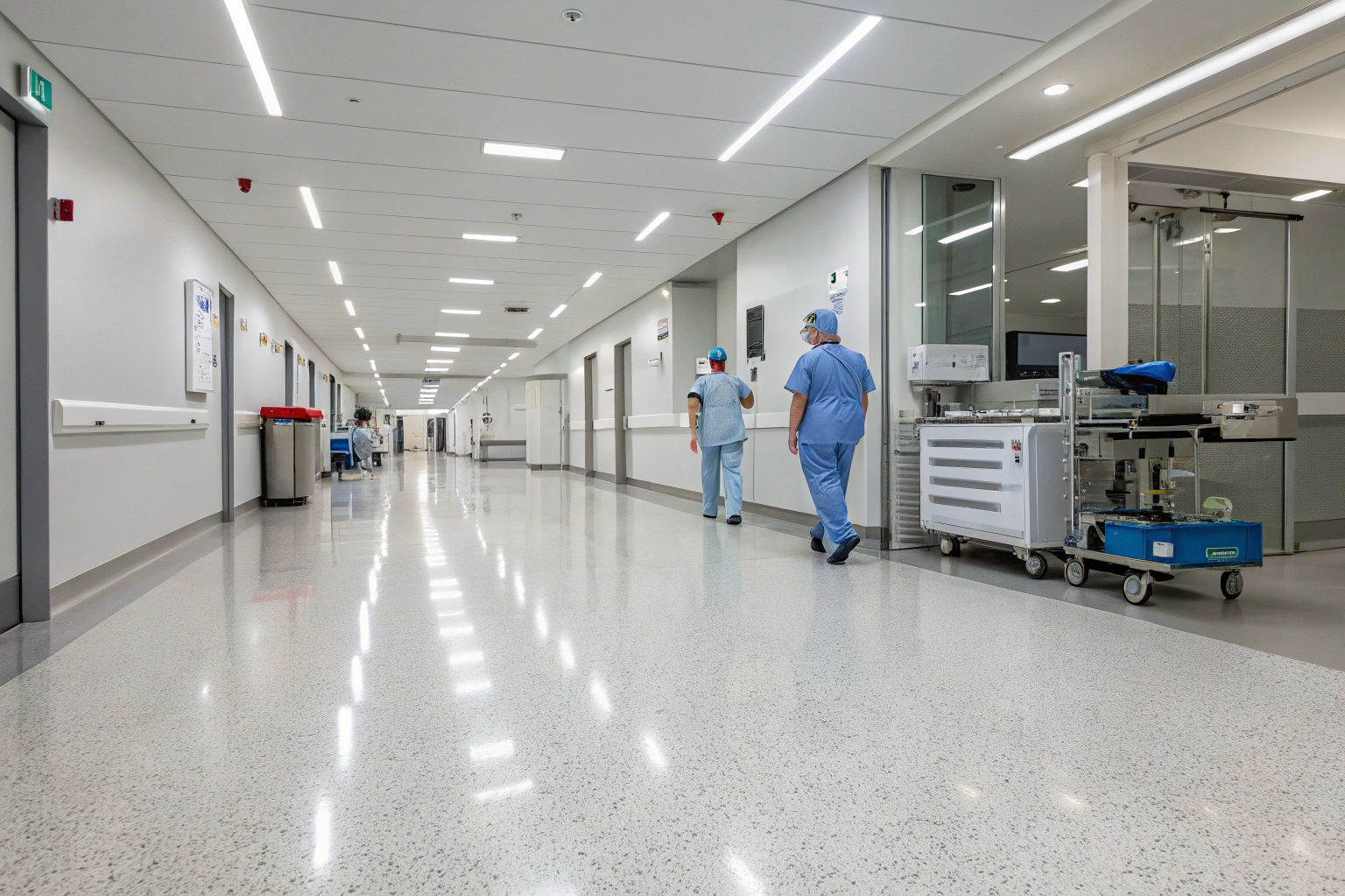 Modern hospital corridor with a light grey quartz epoxy floor