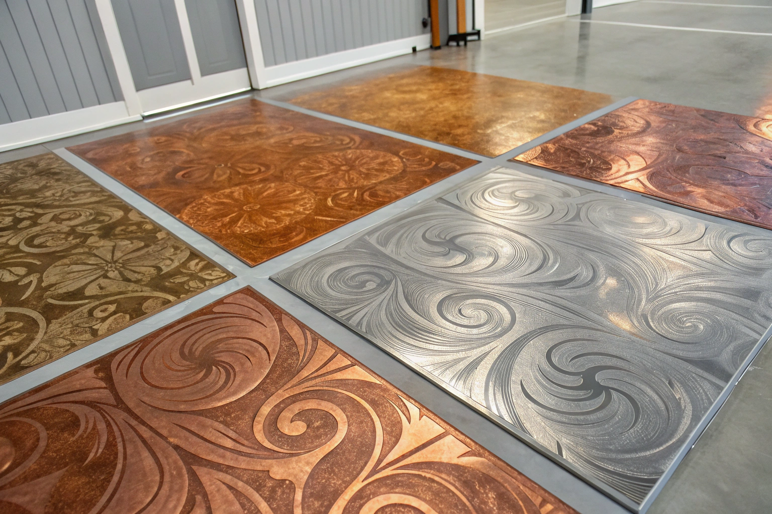 Multiple metallic epoxy floor samples displaying various colour options