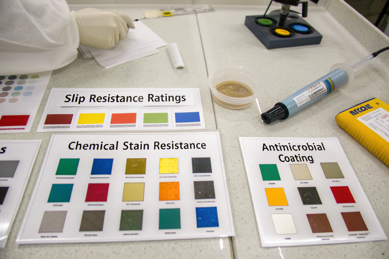 Overhead view of epoxy flooring samples displaying colour options