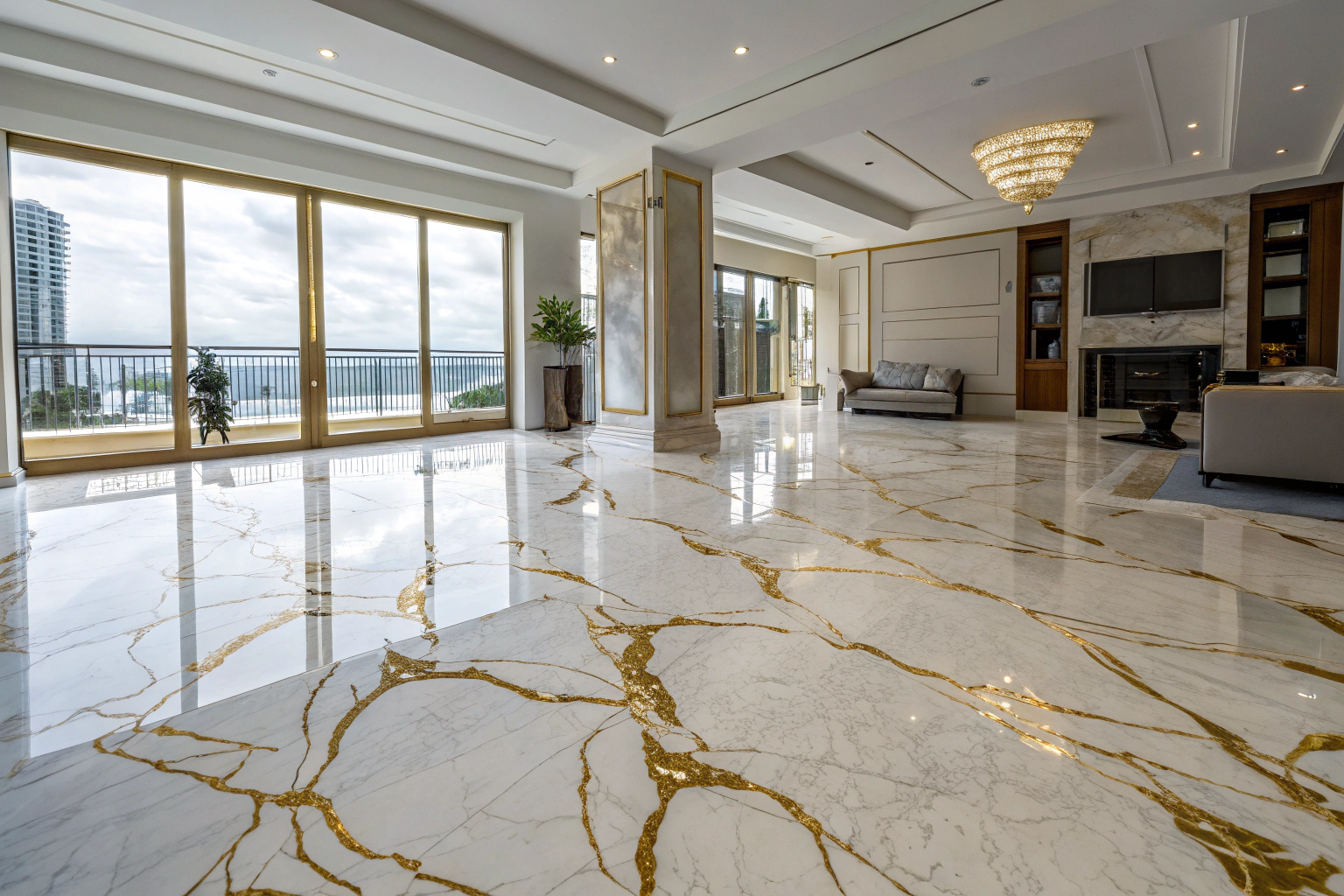 Premium marble-effect metallic epoxy flooring in a Brisbane interior