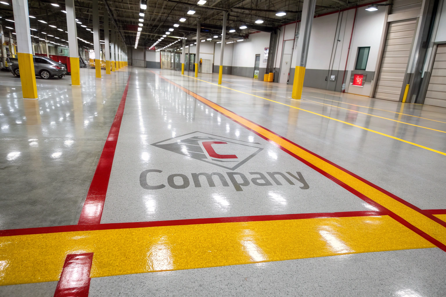 Professional commercial warehouse floor featuring flake epoxy coating