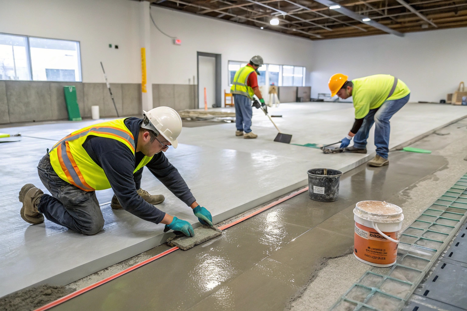 Professional epoxy concrete contractor team installing a floor