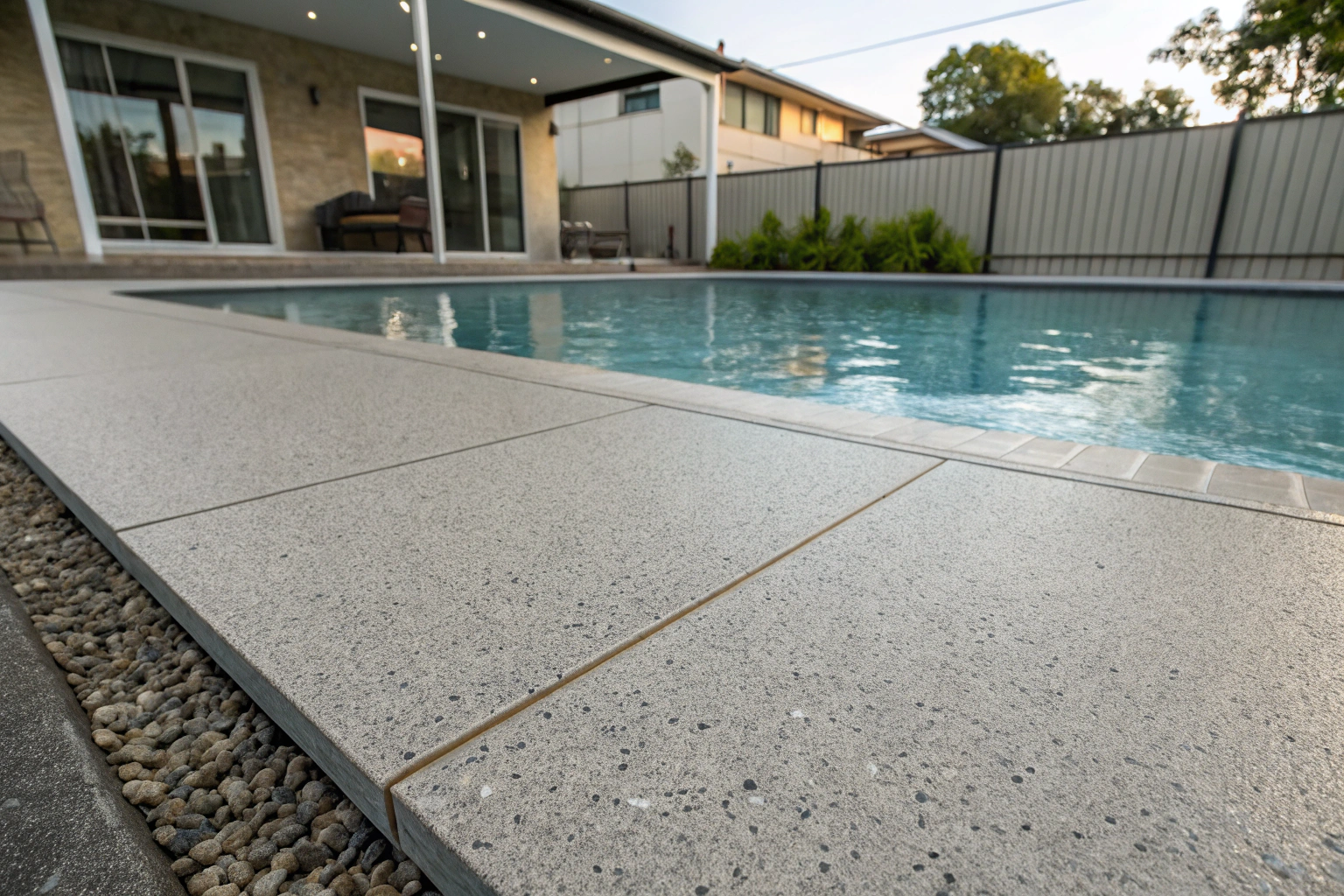 Professional epoxy pool deck surface showing a textured, slip-resistant finish