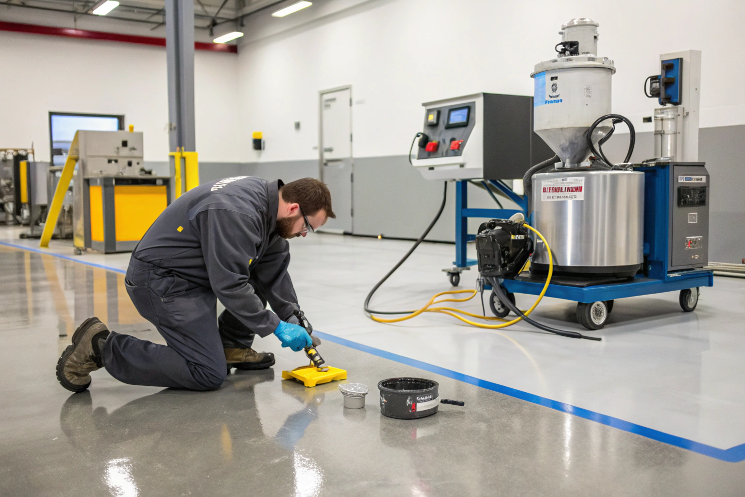 Professional technician using specialised equipment to repair an epoxy floor