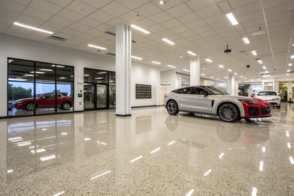 Retail showroom floor with decorative quartz epoxy finish