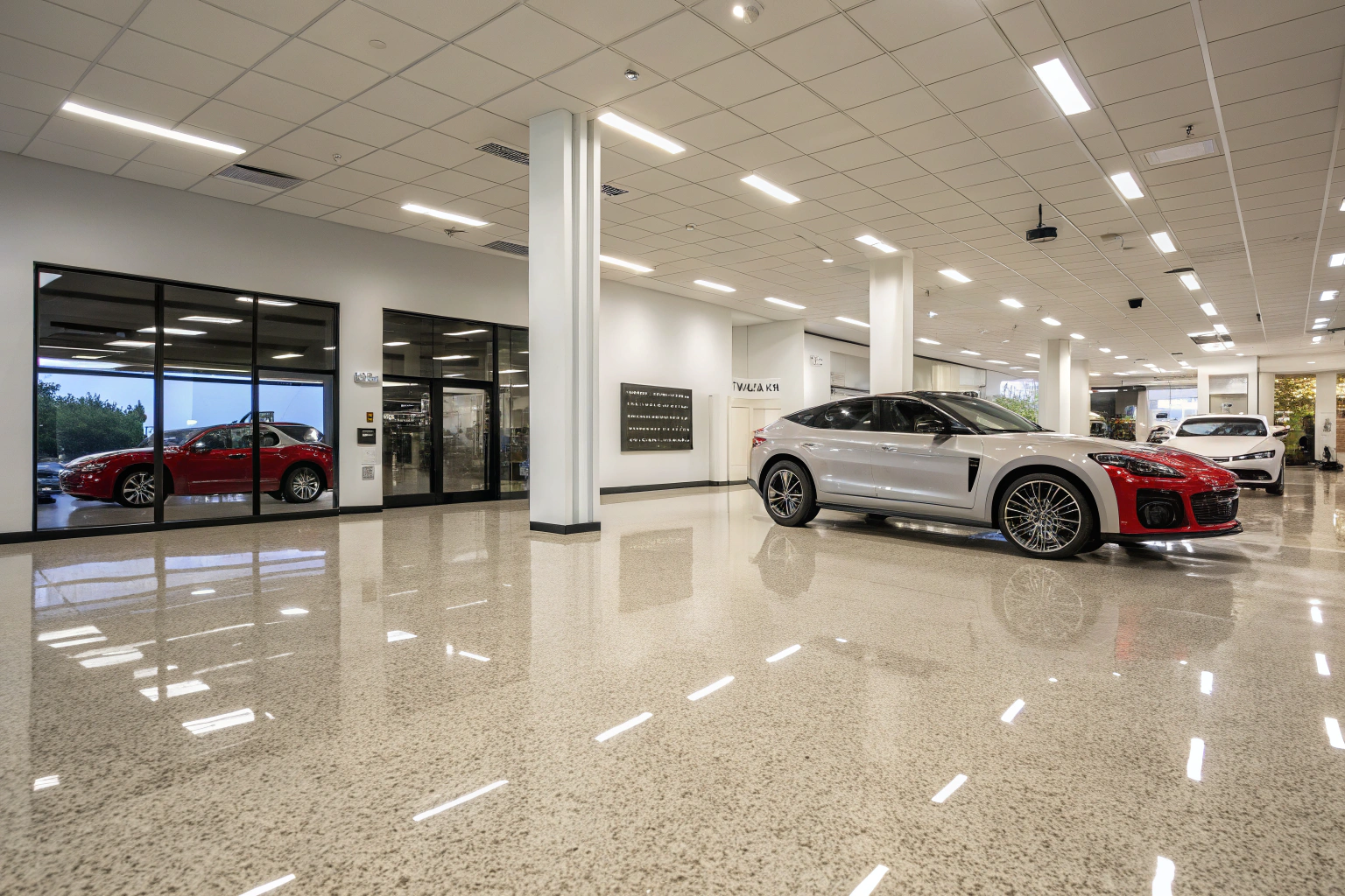 Retail showroom floor with decorative quartz epoxy finish