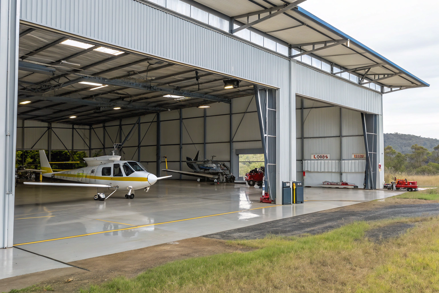 Regional aircraft hangar with a helicopter on an epoxy floor