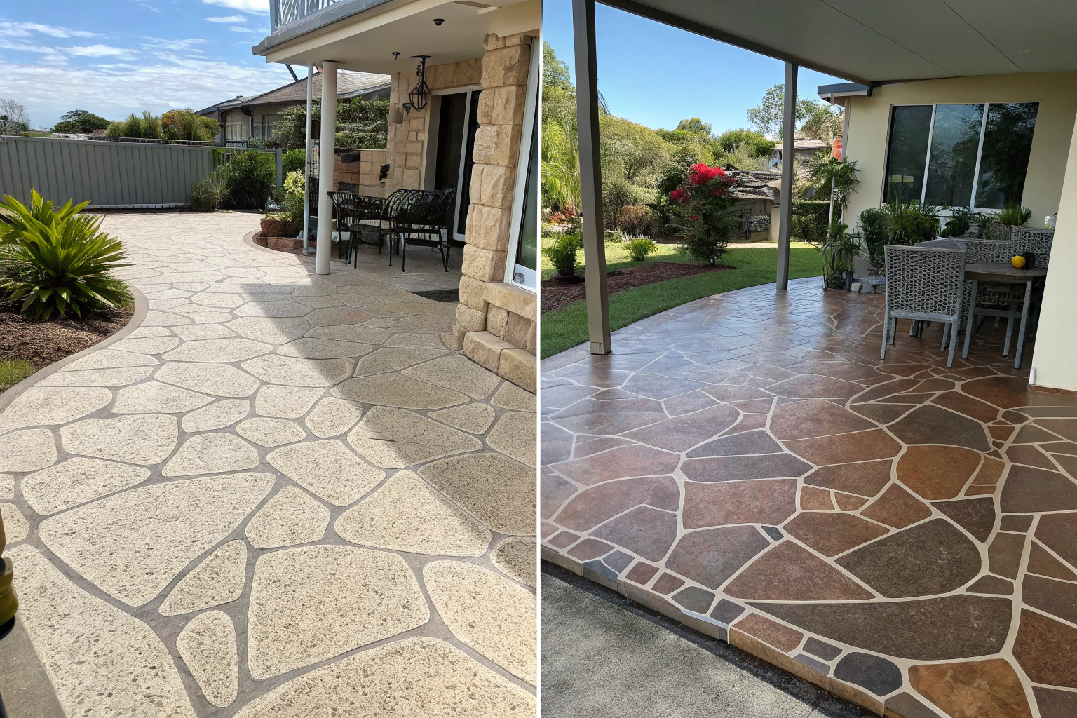 Split-screen comparison of multiple patio epoxy coating options