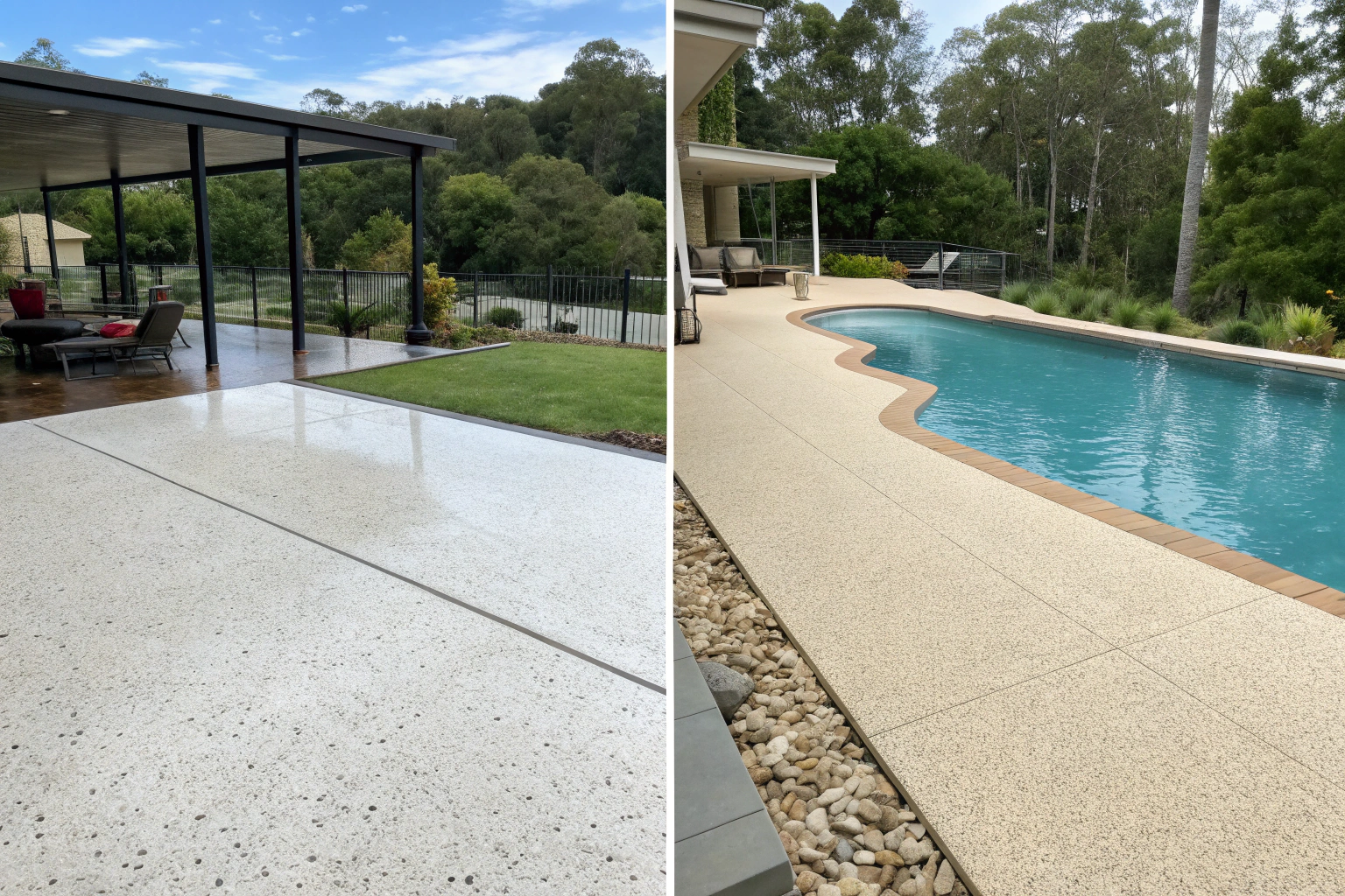 Split-screen comparison of a plain concrete pool deck versus epoxy coating