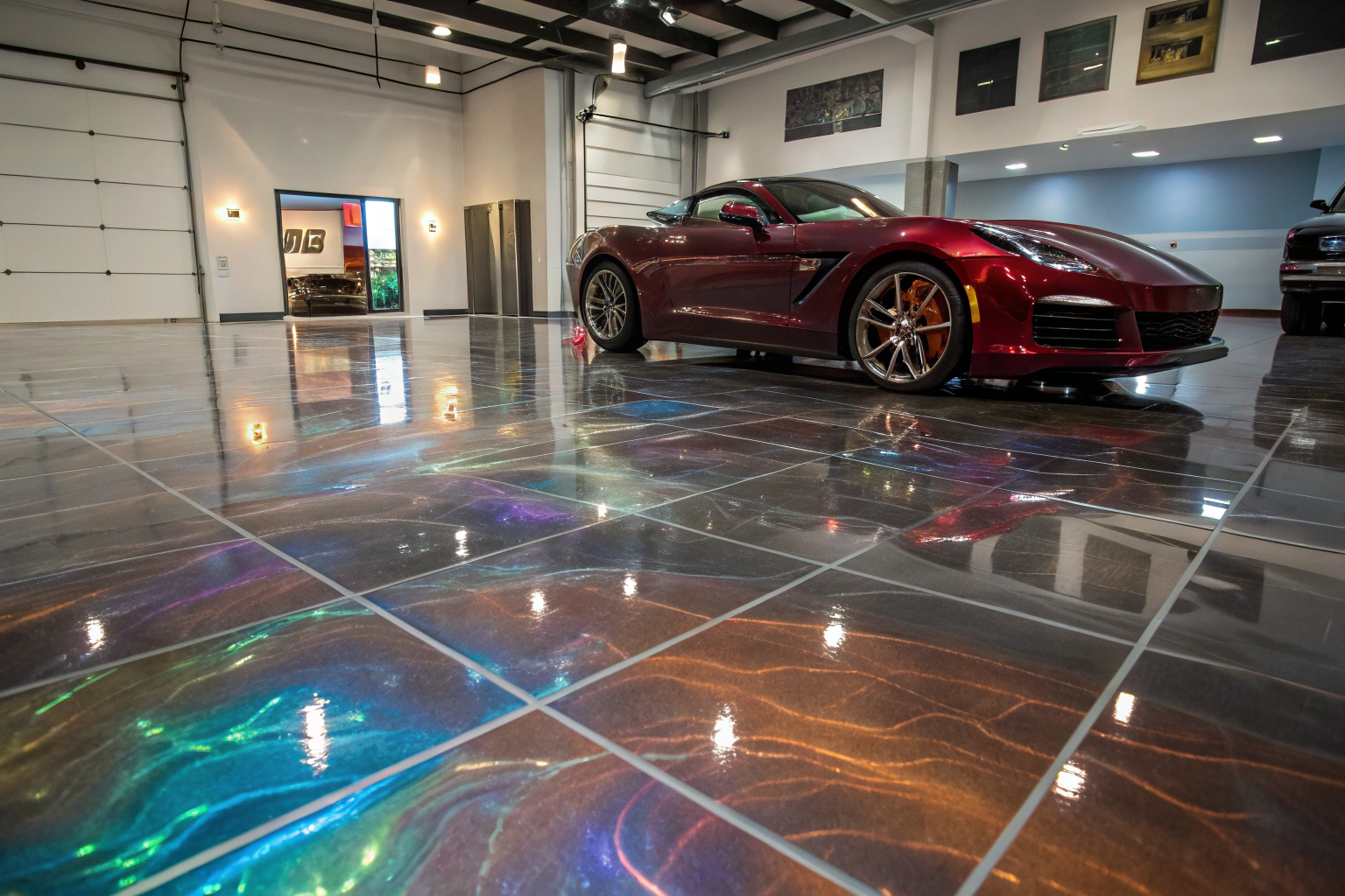 Stunning metallic epoxy floor with swirling colour patterns