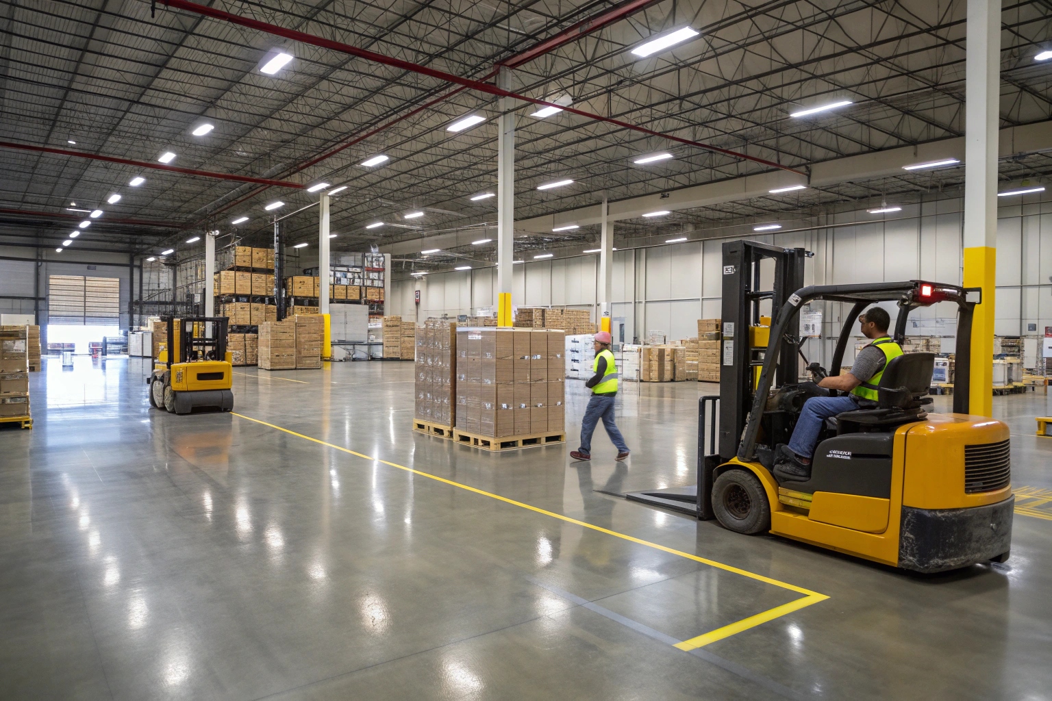 Busy Brisbane warehouse with workers and equipment on industrial epoxy flooring