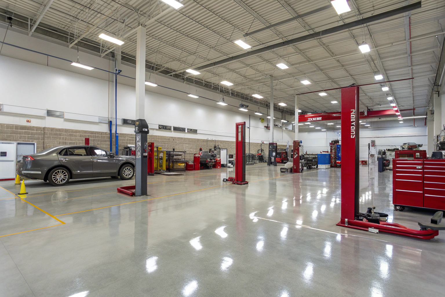 Wide view of an automotive workshop with a high-gloss epoxy floor
