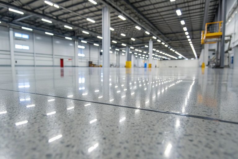 Close-up of a pristine grey epoxy warehouse floor
