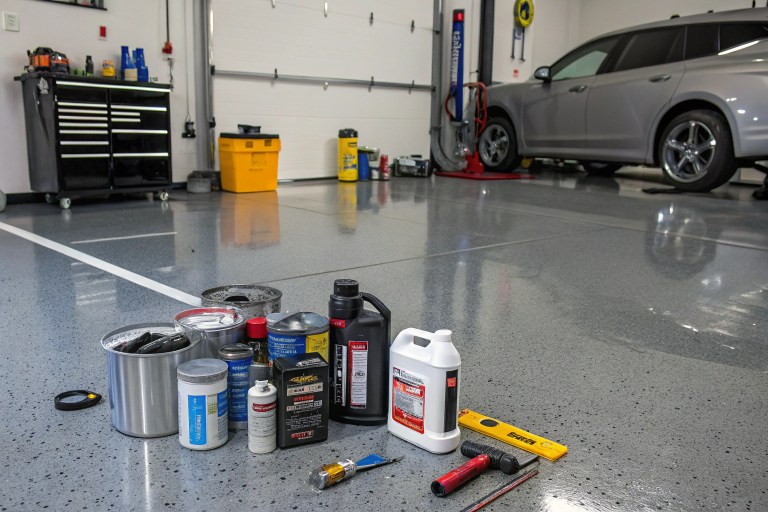 Professional automotive workshop garage floor with epoxy coating