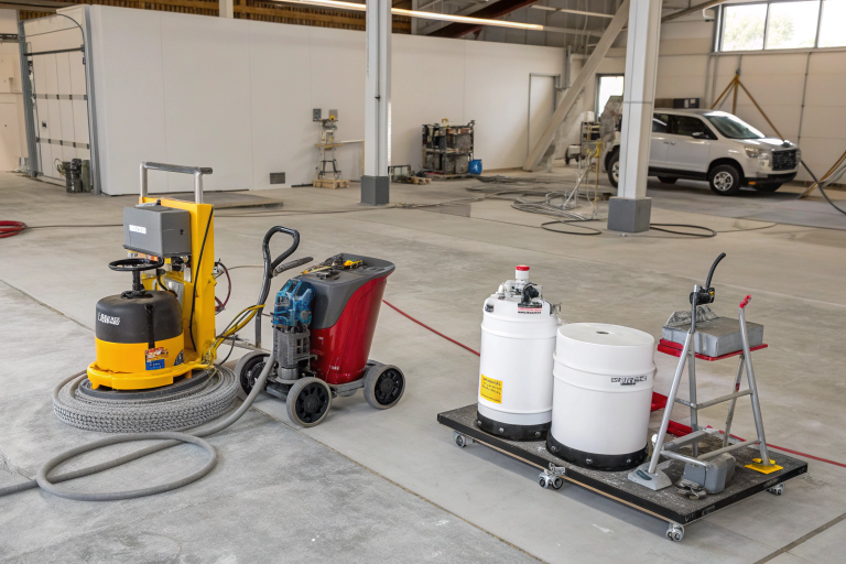 Professional garage floor being diamond ground before epoxy coating