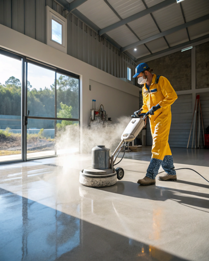 Professional epoxy flooring installer working in a Brisbane garage