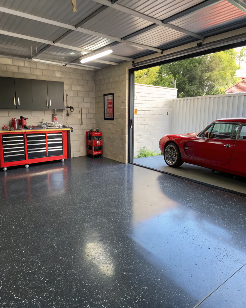 Well-used Brisbane home workshop garage in Holland Park with an epoxy floor
