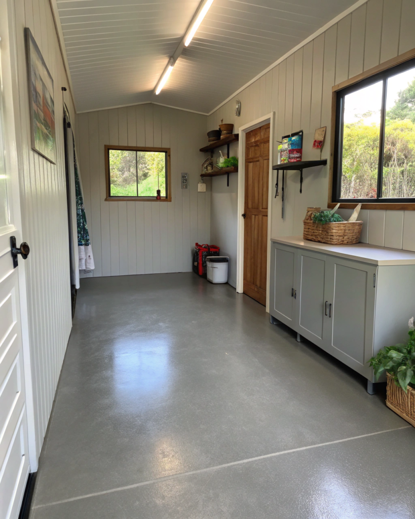 Small, tidy utility room with a neat epoxy floor finish