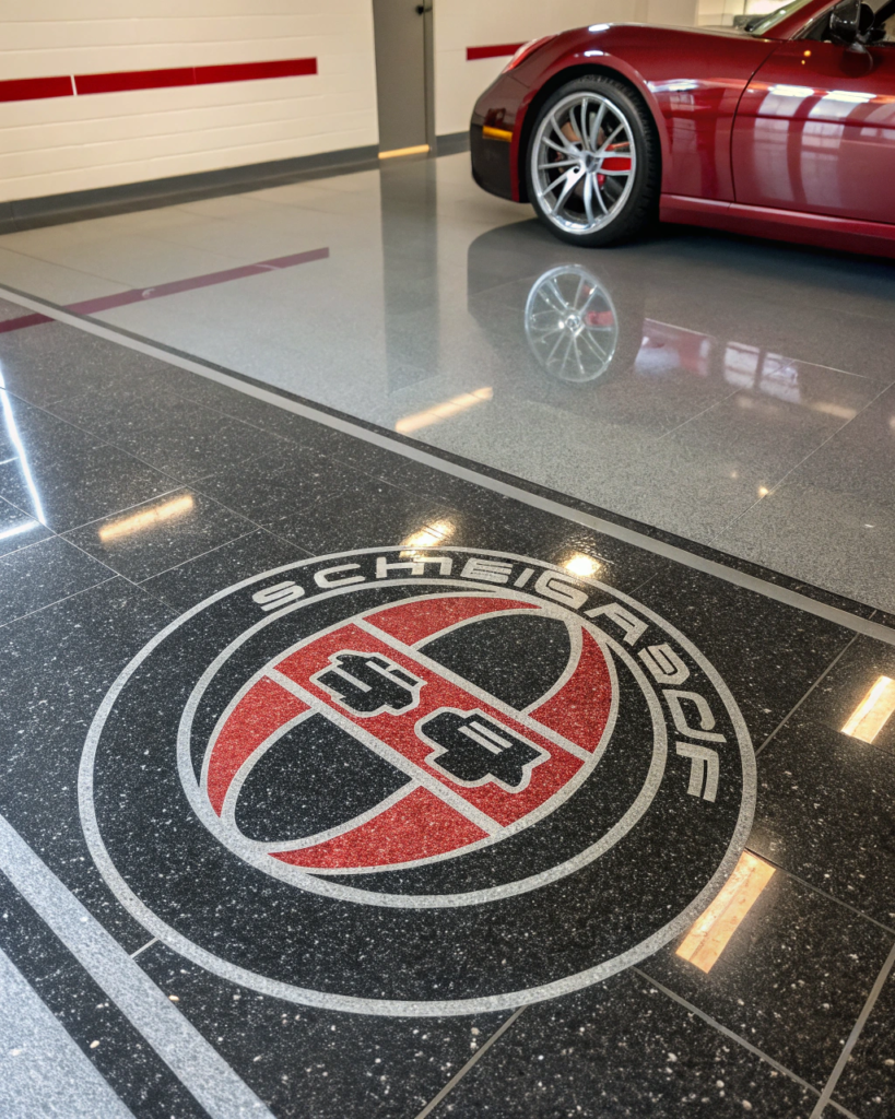 Close-up overhead view of a premium Brisbane garage epoxy floor